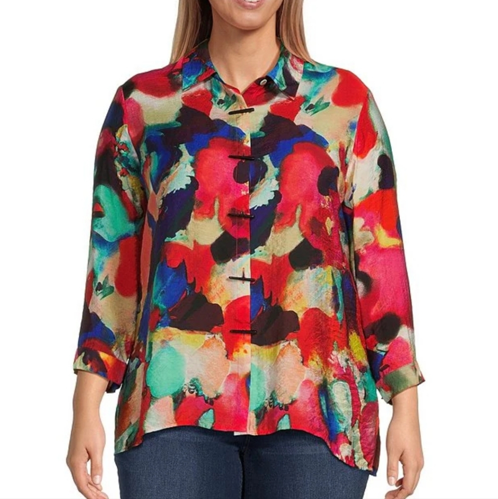 Ali Miles Plus Size Abstract Multi Print Point Collar Neck 3/4 Sleeve But…